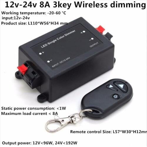 New 3 Key RF Remote Control Wireless LED Single Color Dimmer Switch Controller 12V 24V DC 8A without battery