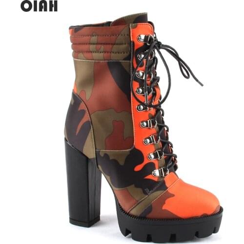 Autumn Ankle Boots For Women Motorcycle Boots Thick Heels Fashion Lacing Round Toe Platform Boots Shoes Female 12 cm Camouflage