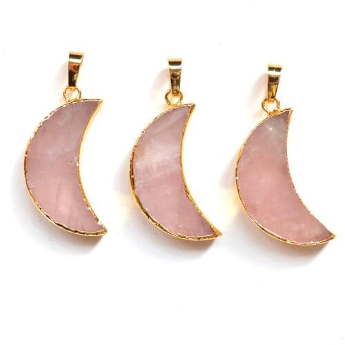 Nature rose crystal pink quartz moon shape crystal pendant with Electroplated gold edge