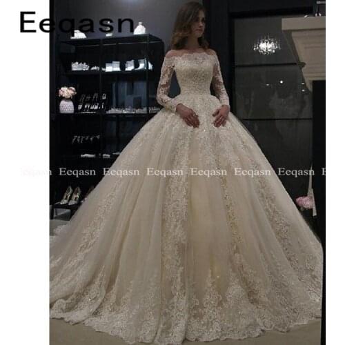 Luxury Ball Gown White Long Sleeves Wedding Dresses 2020 Muslim Lace Dubai Arabic Wedding Gown Bride Dress Robe De Mariee
