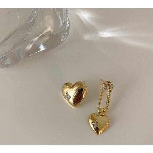 GSOLD Vintage Asymmetrical Rhinestone Heart-Shaped Pin Love Earring Geometric Metal Ear Studs Women Fashion Party Jewelry