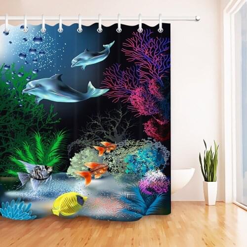 Fish Dolphins And Corals Shower Curtain Underwater World Bathroom Waterproof Mildew Resistant Polyester Fabric for Bathtub Decor