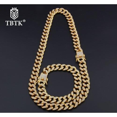 TBTK 13mm Width Cuban Link Chain Necklace&Bracelet Jewelry Luxury Heavy Hiphop Man Necklace Paved Bling Sparkling Rhinestone