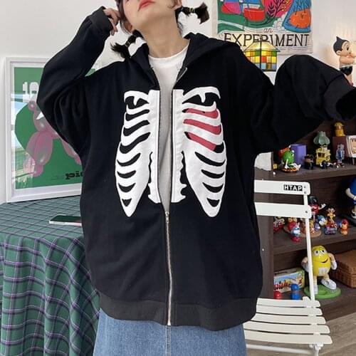 Y2K Womens Full Zip Hoodies Vintage E Girls Long Sleeve Heart Skeleton Print Loose Hooded Sweatshirts Fashion Streetwear