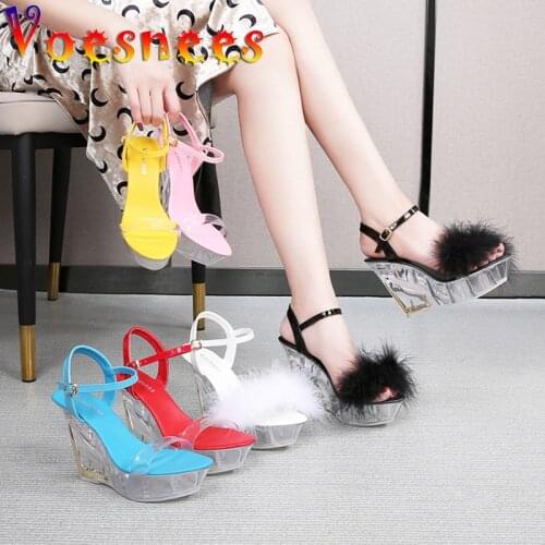 Ladies Wedges Platform Shoes for Women Heels 2021 New Fur Sandals Lovely Crystal Heel Sandals High Heels 10cm Women Party Shoes