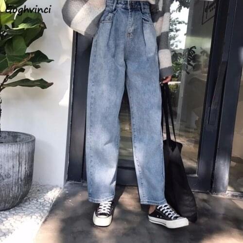 Jeans Women Vintage Retro High Waist Denim Loose Womens Fashion Streetwear Pocket Zipper Casual Simple Ulzzang Pleated Washed