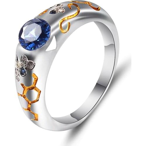 Women Ring Gold Texture Pattern Blue Large Zircon Silver Color Ring Fashion Charm Banquet Engagement Ring For Girlfriend Gift