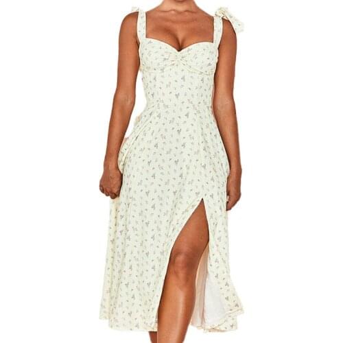 2021 Summer Fresh Korean Floral Lace-Up V-Neck Split Mid-Length Dress Women