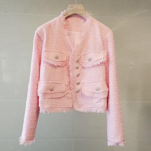 Tassel Pink Tweed Jackets Coat Women Long Sleeve V-Neck Single Breasted Woolen Coats Runway Luxury Office Autumn Outwear k3212