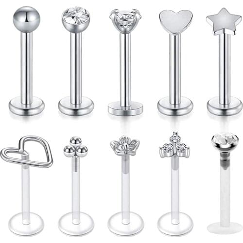 16G Forward Helix Earring Cartilage Tragus Earrings Stud Stainless Steel & Clear Flexible Lip Rings Labret Studs Monroe Piercing