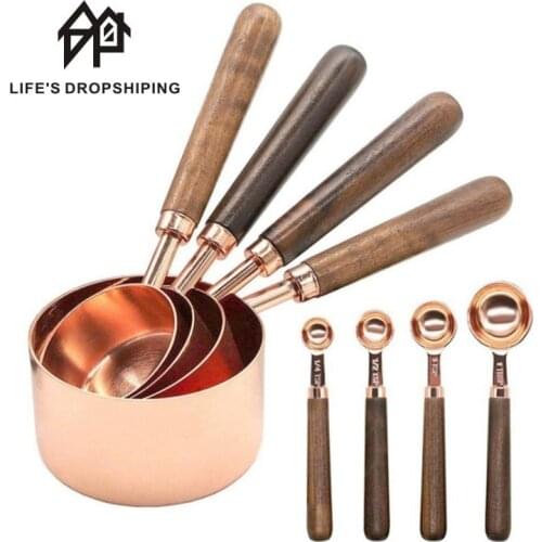 4/8pcs sets Gold/copper Colors Walnut Wooden Handle Copper Plating Measuring Cups Kitchen Baking measuring cup seasoning scoop