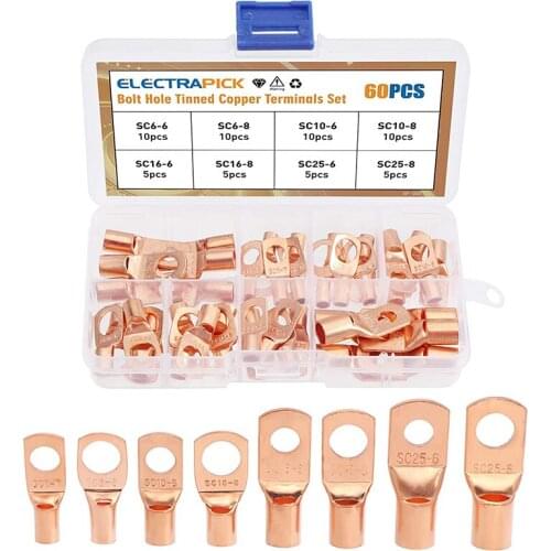 Electrapick Bolt Hole 60 Pcs Bare Copper Crimp Connectors Terminals Set Heavy Duty Lugs Battery Cable Lugs Ring Battery
