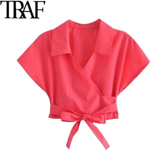 TRAF Women Fashion Crossover Bow Tied Cropped Cozy Blouses Vintage V Neck Short Sleeve Female Shirts Chic Tops