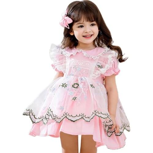 Childrens 2021 Summer New Girls Spanish Style Ruffled Embroidered Round Neck Short-Sleeved Princess Dress