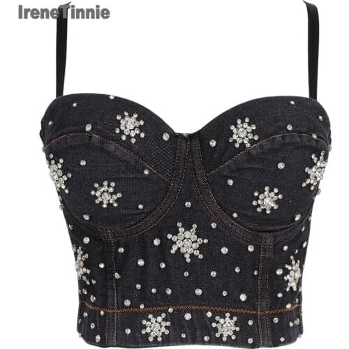 Irene Tinnie Women Sexy Rhinestone Bustier Crop Top Spaghetti Strap Push Up Bralette Glitter Club Party Corset Bra Vest