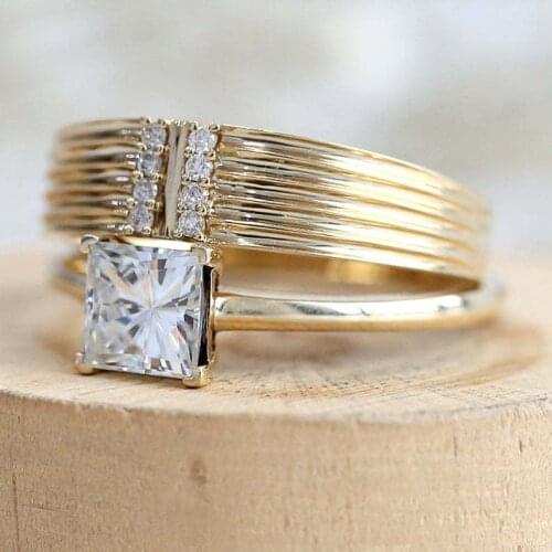 Classic Gold Princess Cut CZ Wedding Ring Set Fashion Simple White Blue Gems Crystal Engagement Ring Anniversary Jewelry Gifts