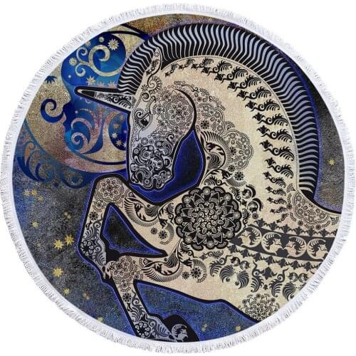 Cartoon Unicorn Round Beach Towel for Adults Wall Tapestry Picnic Blanket Portable Outdoor Sport Yoga Mat Blanket Bundle Pocket