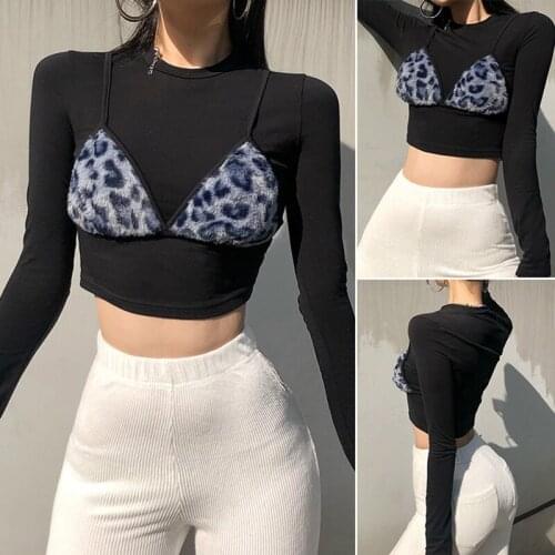 Patchwork Leopard Print Knitted Tops Women Casual T-Shirt Ladies Korean Fashion T Shirt