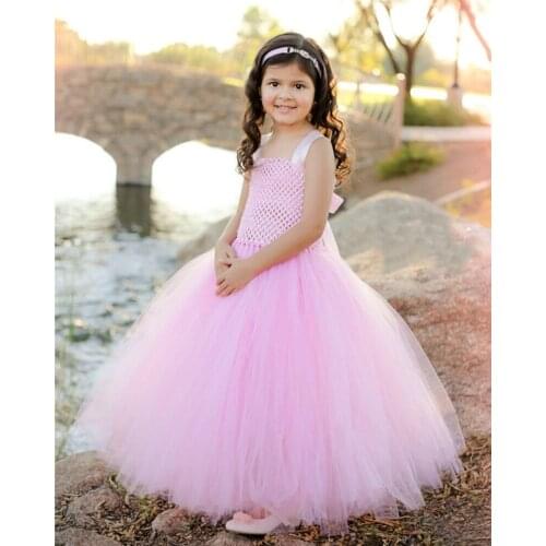 Cute Girls Pink Crochet Tutu Dress Kids Tulle Strap Dress Ball Gown with Hairbow Children Birthday Wedding Party Costume Dresses