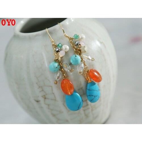 S925 sterling silver fashion new turquoise crystal retro palace style gentle school S925 sterling silver earrings
