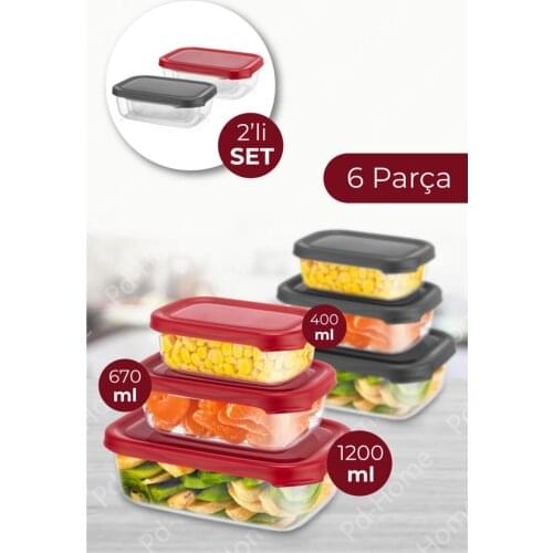 Food Storage Container Set of 2 6 Pieces (12 Pieces in Total) Red & Gray With Lid
