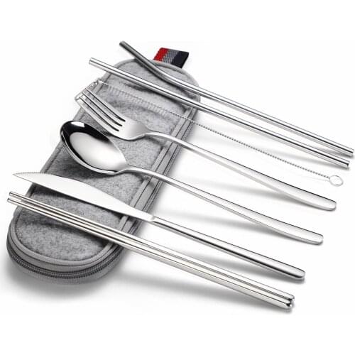 Fork Knife Set Stainless Steel Camping Cutlery Set Storage Cutlery Travel Reusable Modern Rainbow Metal Flatware with Pocket