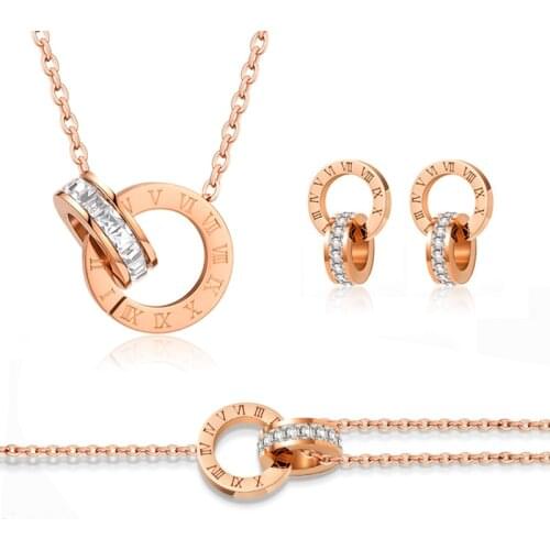 Luxury Elegant Roman Numeral Crystal Necklace Earrings Set For Women Fashion Stainless Steel Earrings 2021 Trend Wedding Jewelry