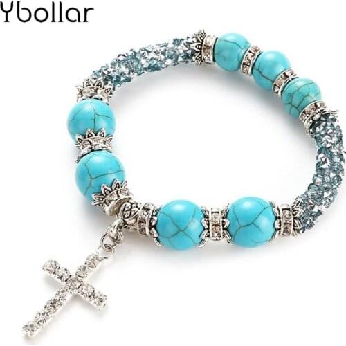 NEW Turquoises Bracelets for Women Round Beads Crystal Rhinestone Cross Pendant Fashion Bohemian Jewelry Gift