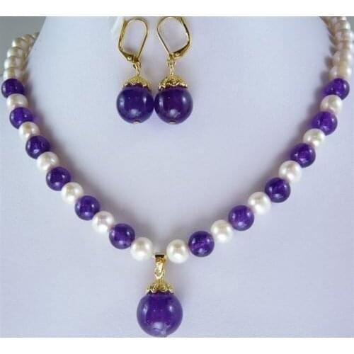 2014 new fashion charming free shipping 7-8mm White Cultured Pearl purple jades chalcedony round beads Necklace+ Earring BV42