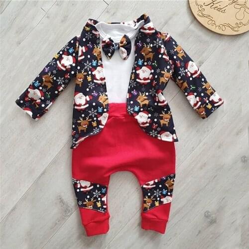 0-3Y Gentleman Baby Boys Xmas Clothes Sets 3pcs Santa Print Bow Pullover T Shirts+Single Breasted Jacket+Long Pants