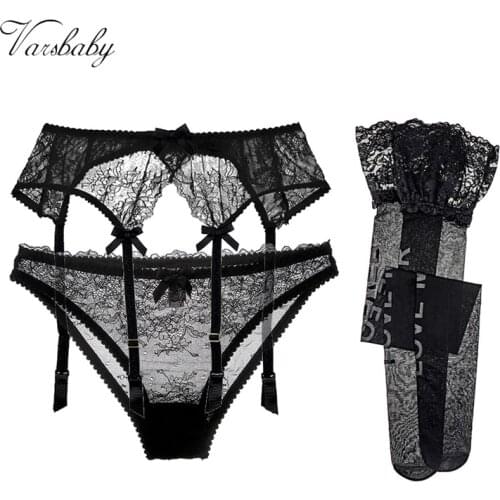 Varsbaby letter stockings sexy lace garter 3pcs garters+panties+stockings S M L XL XXL