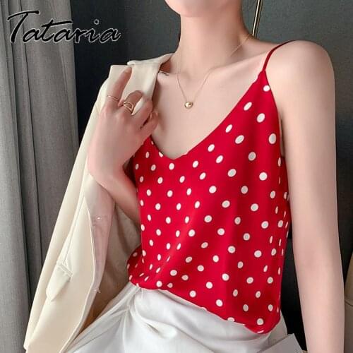 Polka Dot Silk Satin Tank Tops Korean Women Summer Sexy Camis V Neck Female Pink Loose Basic Red Vset 2021 Omighty Top Mujer