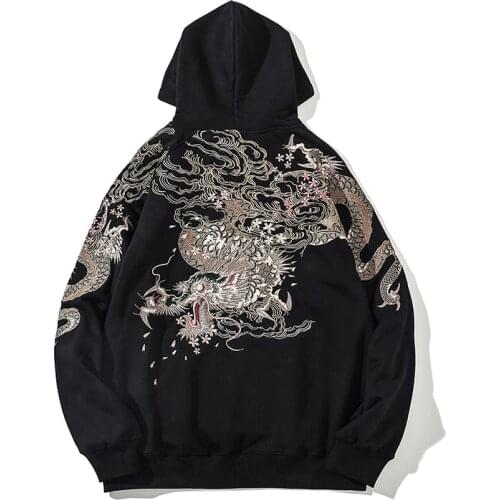 Chinese style Yokosuka Ukiyo-e embroidery dragon plus velvet thick coat casual hoodie autumn and winter new mens clothing trend