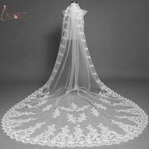 Voile Marriage One Layer Long Wedding Bridal Veil With Comb Lace Edge Cathedral Length White Ivory Wedding Accessories Applique