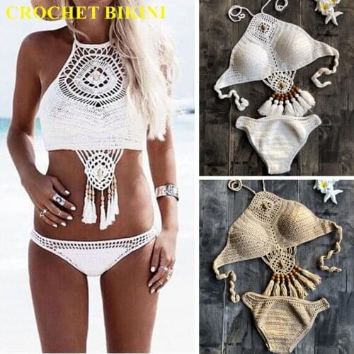 CROCHET BIKINI 2019 New Summer Women Solid Set Sexy Halter Tie Bra Swimsuit Swimwear Triangle Bather Suit Swimming Biquini