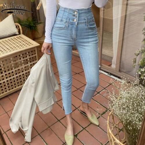 Women Denim Skinny Pants Trousers Pantalon 2021 Women High Waist Jeans Pants Single-breasted Lady Pencil Jeans Streetwear 10411