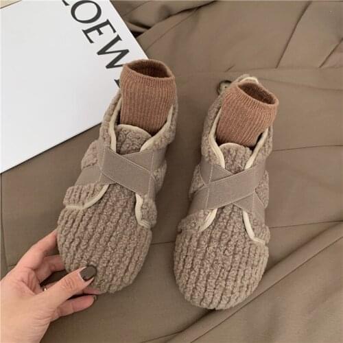 Cross Elastic band fur flats woman warm winter cotton shoes for women solid plush furry loafers cozy add cashmere moccasins 2020