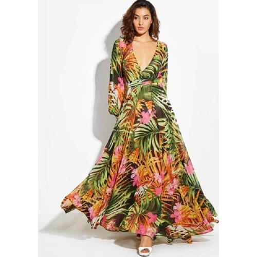 AECU Summer Maxi Dress Women Plus Size Long Dress Deep V Neck Print Party Dress Lace-Up Sexy Ladies Bohemian Dresses Vintage