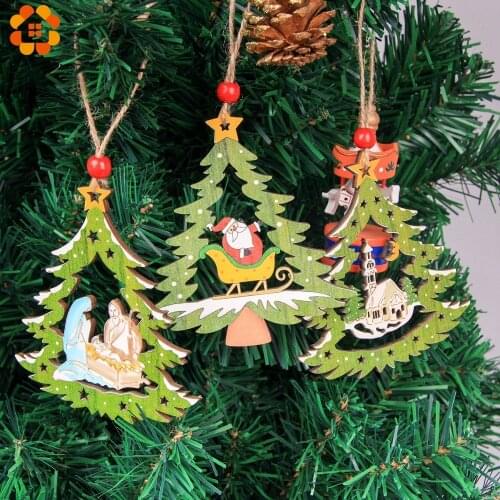 3PCS Wooden Christmas Tree Shape Pendants Ornaments Home Shopping Mall Decor Xmas Tree Ornament For Christmas Party Decoration