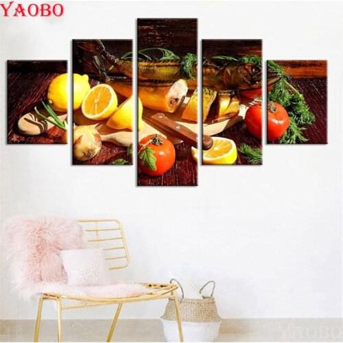 5pcs/set 5D DIY Diamond Painting still life Fruits And Fish Picture Full Square Round 3d Diamond Embroidery Mosaic Kitchen Decor
