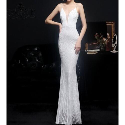 White Floral Lace Evening Dress Mermaid Long Prom Gown Leaves Pattern Party Dress V Neck Formal Gown Shoulder Straps Sequin Gown