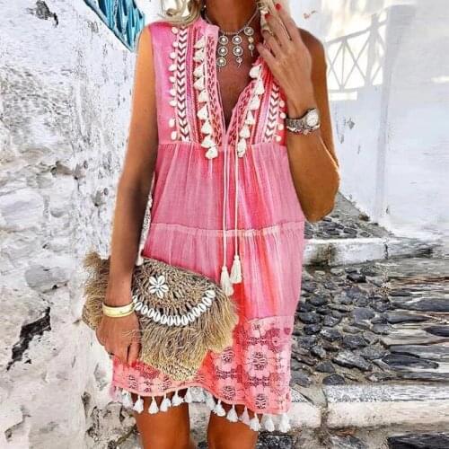 Bohemian Women Lace Tassel Dress 2021 Summer Sexy V Neck Solid SleeveLess Maxi Long Beach Party Dresses Plus Size Vestidos