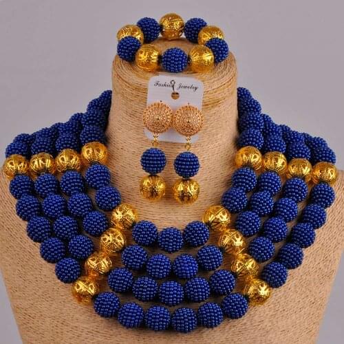 Big african jewelry set royal blue costume necklace african beads set simulated pearl nigerian wedding set FZZ64
