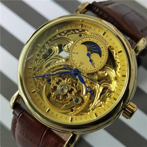 Forsining 2020 Luxury Gold Display Brown Leather Moonphase Fashion Blue Hand Skeleton Waterproof Men Automatic Mechanical Watch