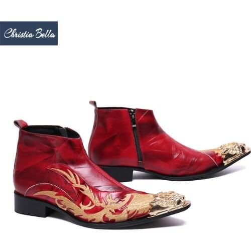 Christia Bella Winter Embroidery Men Shoes Genuine Leather Boots Fashion Casual Boots Plus Size Ankle Boots Comfortable Boots