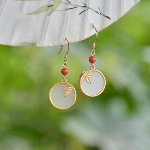 Designer original new natural round Hetian jade bamboo leaf earrings Chinese style retro ladies silver jewelry