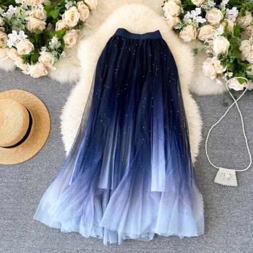 Bling Bling Fairy Starry Metallic A-line Long Tulle Skirts Gradient Color Lush Puff Maxi Lpng Mesh Skirts