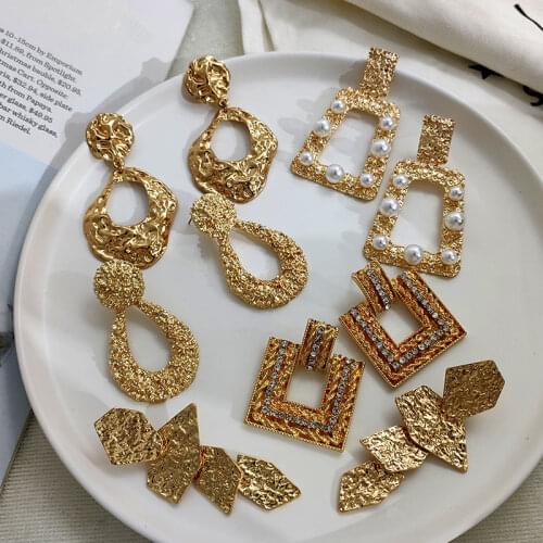 Flatfoosie Vintage Gold Metal Square Drop Earrings For Women Geometric Fashion Crystal Statement Earring 2020 Jewelry Party Gift