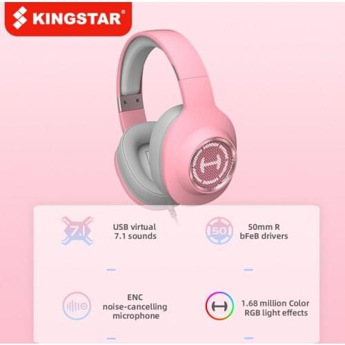 KINGSTAR Pink Gaming Headset Cat Ear Headphones 7.1 Virtual Surround Sound by EDIFIER RGB Light Noise Cancelling Microphone