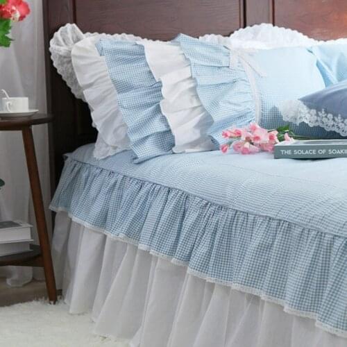 Classic European bule plaid bedspread Elegant Lace bedspreads mattress cover king bed sheet bedroom bedding textile bed cover